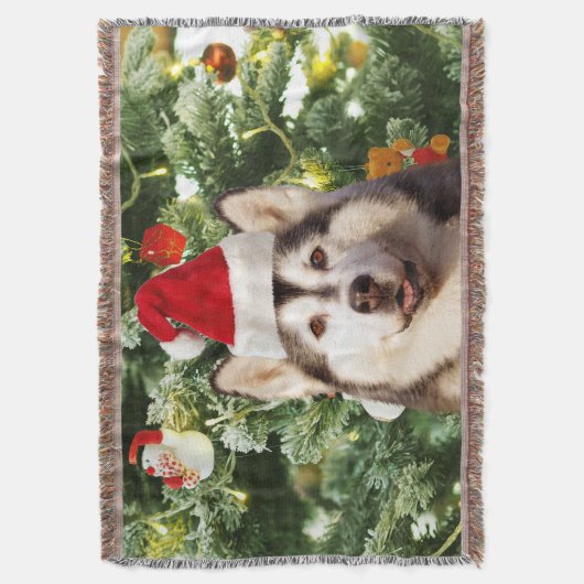 シベリアハスキークリスマスツリーオーナメント雪だるま スローブランケット (正面縦)