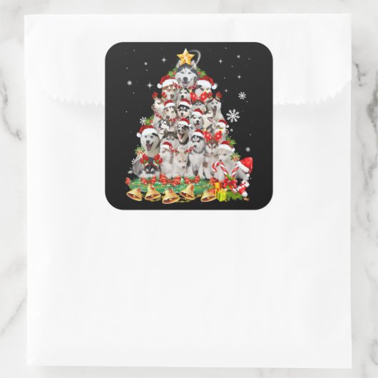 シベリアハスキークリスマスツリーライツおもしろい犬 スクエアシール (バッグ)