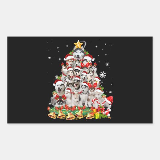 シベリアハスキークリスマスツリーライツおもしろい犬 長方形シール (正面)