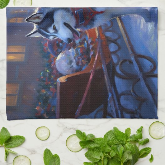 シベリアハスキークリスマスフェスティバルシーズン キッチンタオル (折り畳み)