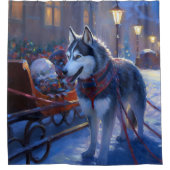 シベリアハスキークリスマスフェスティバルシーズン シャワーカーテン (正面)