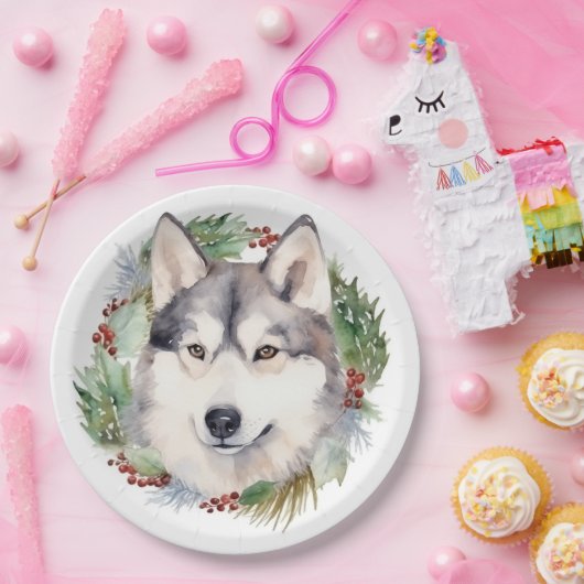 シベリアハスキークリスマスリースフェスティバルカップ ペーパープレート (パーティー)