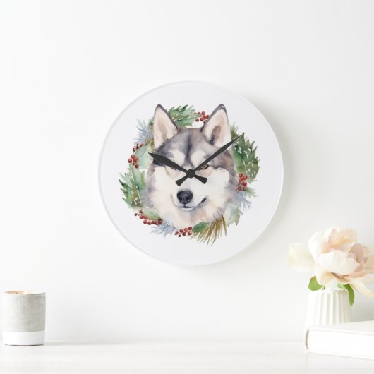 シベリアハスキークリスマスリースフェスティバルカップ ラージ壁時計 (ホーム)