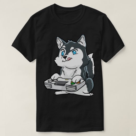 シベリアハスキーゲームパッドかわいい Tシャツ (デザイン正面)