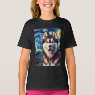 シベリアハスキードッグアートファンゴッホ星空の夜のサイバー Tシャツ