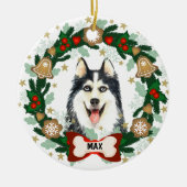 シベリアハスキードッグクリスマスクッキーリース セラミックオーナメント (正面)