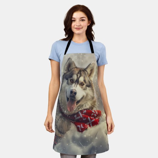 シベリアハスキードッグクリスマスフェスティバル エプロン (着用した状態)