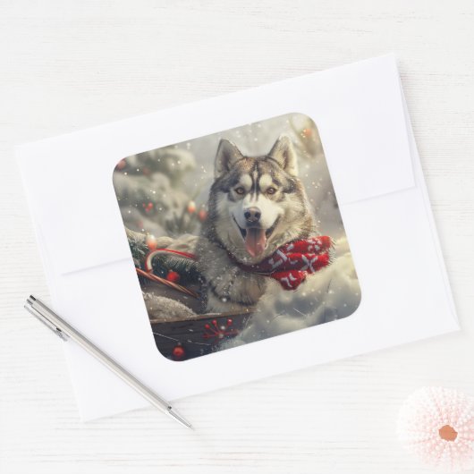 シベリアハスキードッグクリスマスフェスティバル スクエアシール (封筒)