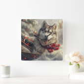 シベリアハスキードッグクリスマスフェスティバル スクエア壁時計 (ホーム)