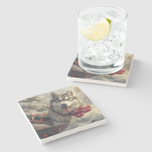 シベリアハスキードッグクリスマスフェスティバル ストーンコースター (横)