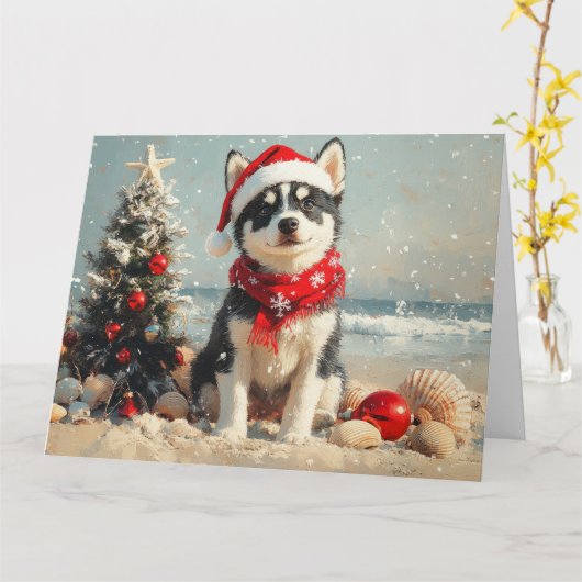 シベリアハスキードッグクリスマスヴィンテージビーチ カード (黄色い花)