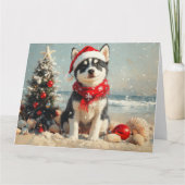 シベリアハスキードッグクリスマスヴィンテージビーチ カード (正面)