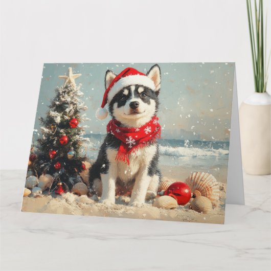 シベリアハスキードッグクリスマスヴィンテージビーチ カード (正面)
