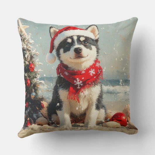 シベリアハスキードッグクリスマスヴィンテージビーチ クッション (裏面)