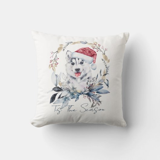 シベリアハスキードッグサンタハットリースホリデイ クッション (正面)