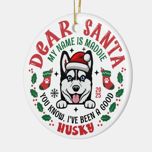 シベリアハスキードッグ名前をカスタムするクリスマスラウンド セラミックオーナメント (左)