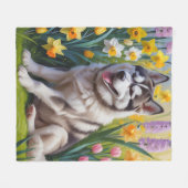 シベリアハスキードッグ絵を描春の花 フリースブランケット (正面(横))