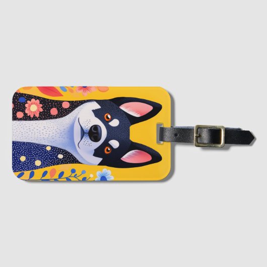 シベリアハスキーフォークアートスタイルラゲージタグ ラゲッジタグ (正面横)