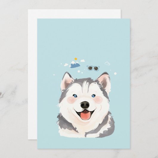 シベリアハスキーペットドッグイラストレーションポートレート サンキューカード (正面/裏面)