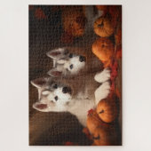 シベリアハスキー子犬の秋の喜びカボチャ ジグソーパズル (縦)