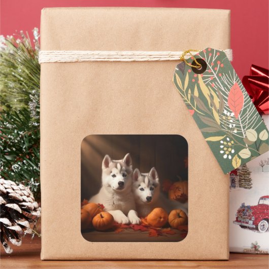 シベリアハスキー子犬の秋の喜びカボチャ スクエアシール (クリスマス)