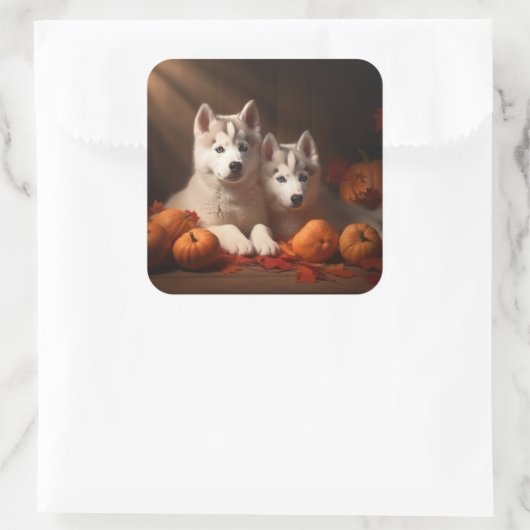 シベリアハスキー子犬の秋の喜びカボチャ スクエアシール (バッグ)
