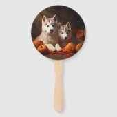 シベリアハスキー子犬の秋の喜びカボチャ ハンドファン (裏面)