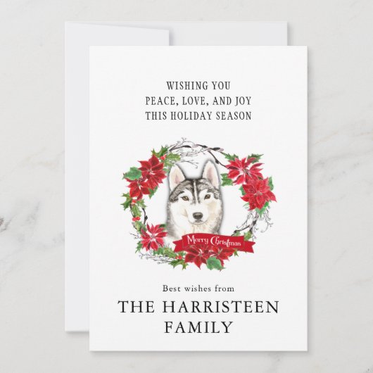 シベリアハスキー水彩赤ポインセチアリース シーズンカード (正面)