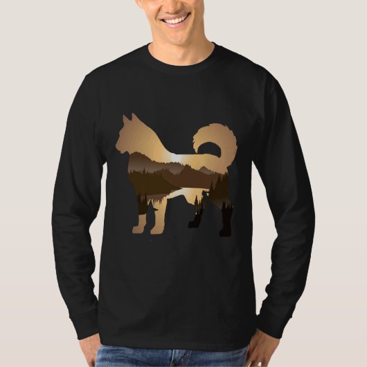 シベリアハスキー犬の森の山サンセットシベリ Tシャツ (正面)