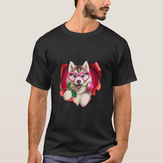 シベリアハスキー犬ハートグラス恋人バラ価 Tシャツ (正面)