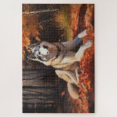 シベリアハスキー紅葉秋インスパイア ジグソーパズル (縦)