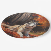 シベリアハスキー紅葉秋インスパイア ペーパープレート (アングル)