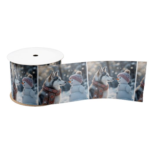 シベリアハスキー雪だるま サテンリボン (リール)