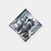 シベリアハスキー雪だるま スタンダードカクテルナプキン (角)