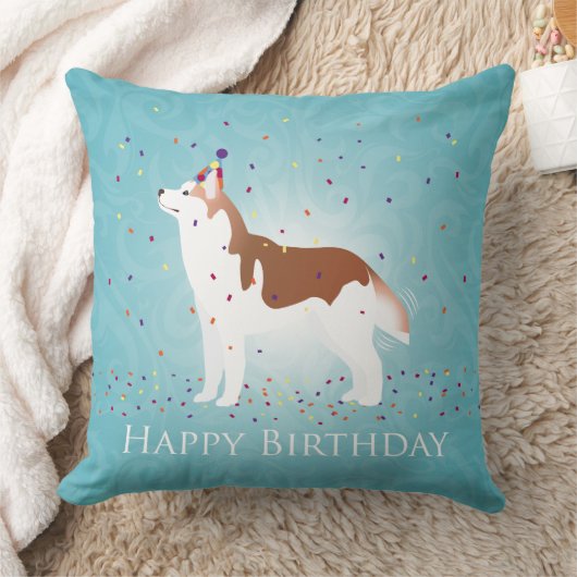 シベリアハスキー – 赤 – ハッピーバースデーデザイン クッション (ブランケット)