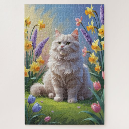 シベリアンキャットの春の花の絵 ジグソーパズル (縦)