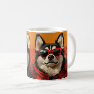 シベリアンハスキーとハートのバラ バレンタインデー  コーヒーマグカップ