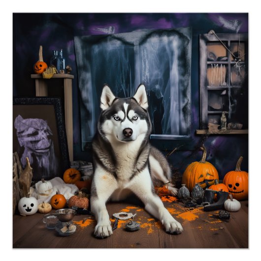 シベリアンハスキーのかぼちゃ ハロウィーン スケアリー ポスター (正面)