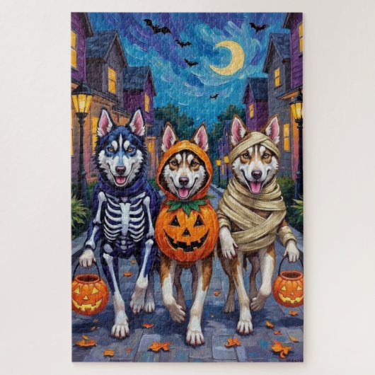 シベリアンハスキーのハロウィンコスチュームお菓子もらい ジグソーパズル (縦)