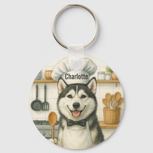 シベリアンハスキーの犬のシェフ 名前入り キーホルダー (正面)