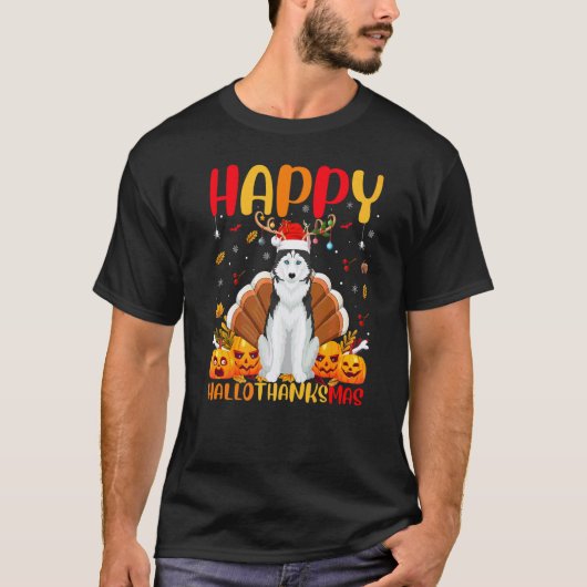 シベリアンハスキーの犬ハッピードッグHellothanksmas Tシャツ (正面)