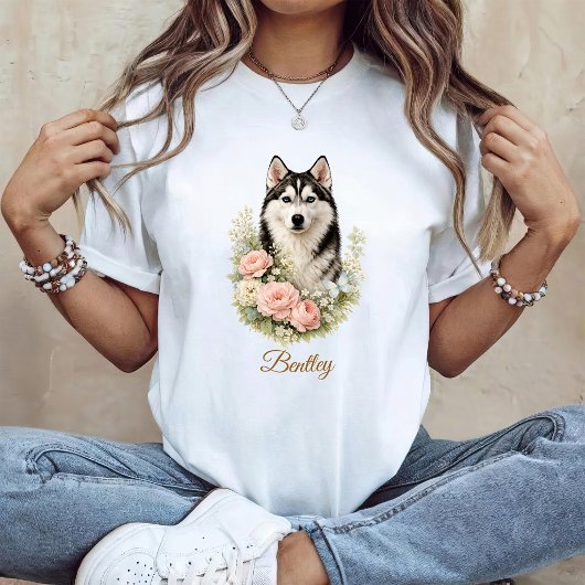 シベリアンハスキーの花の肖像 Tシャツ