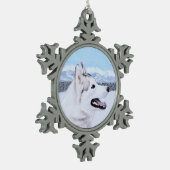 シベリアンハスキーの(銀および白)絵画犬の芸術 スノーフレークピューターオーナメント (左)