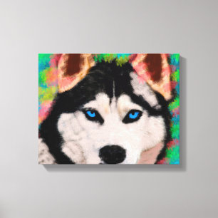 シベリアンハスキー犬のカラフルアート水彩画 キャンバスプリント
