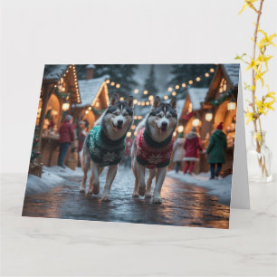 シベリアンハスキー犬のクリスマススノーハリデー カード