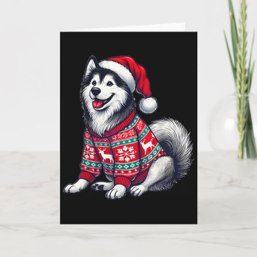 シベリアンハスキー犬のダサいセーターサンタ帽クリスマス カード (正面)