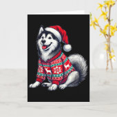 シベリアンハスキー犬のダサいセーターサンタ帽クリスマス カード (黄色い花)