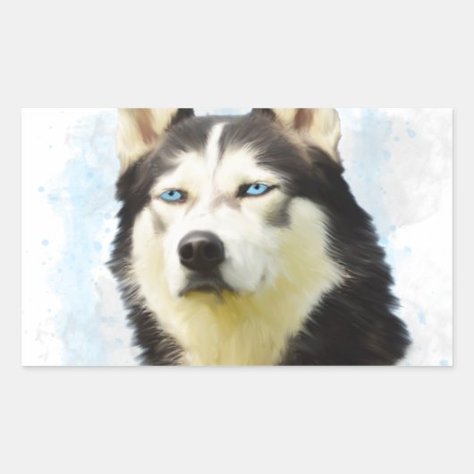 シベリアンハスキー犬の水彩画アート 長方形シール (正面)