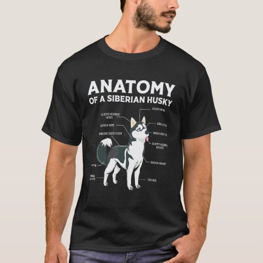 シベリアンハスキー犬の解剖図 Tシャツ (正面)