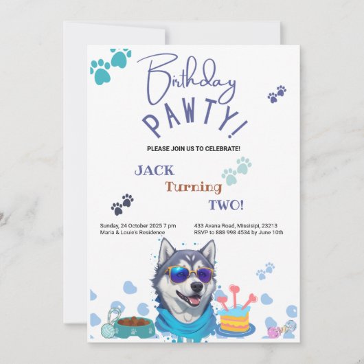 シベリアンハスキー犬の誕生日 招待状 (正面)